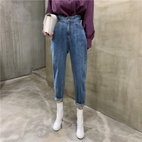 womens high waist jeans loose straight denim pants female pockets button chic trousers pants 2021 new vintage blue streetwear