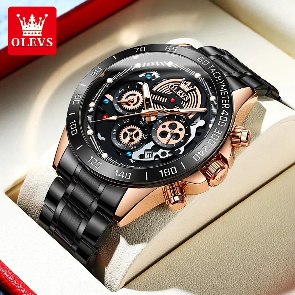 

OLEVS 2023 New Skeleton Design Sports Quartz Watch for Men Stainless Steel Chronograph 24 Hours Mens Watches Top Brand Luxury