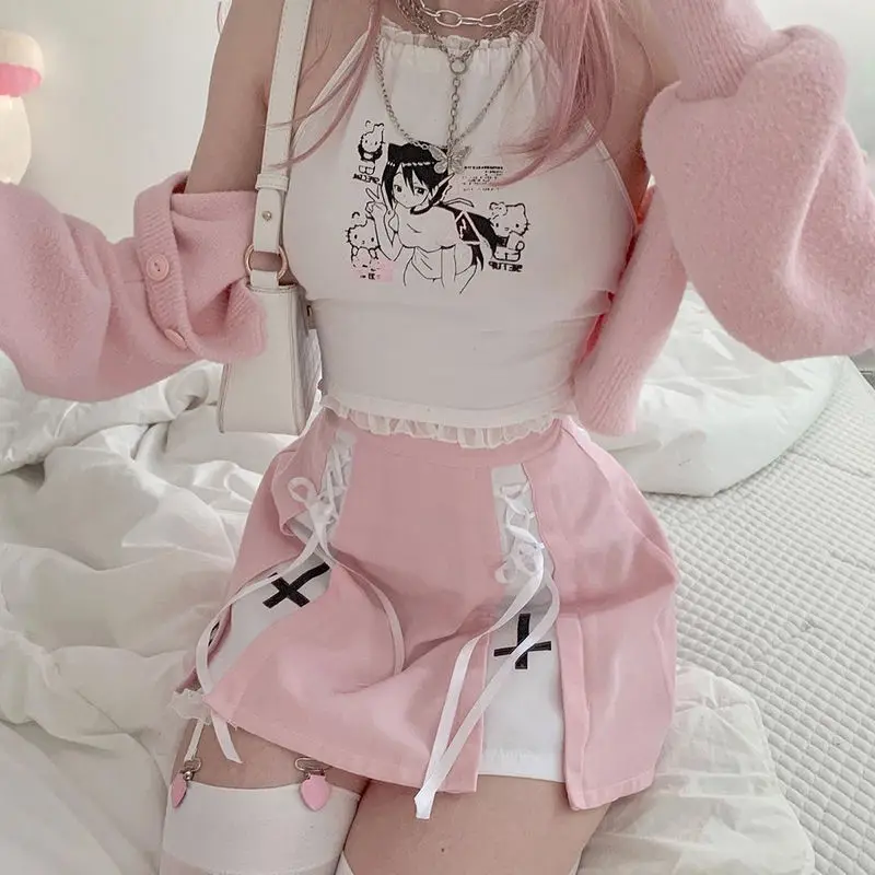 

Hello Kitty Japanese Cute Print Halter Neck Lace Camisole Women's New Hot Girl Y2K Sexy Slimming Umbilical T-shirt