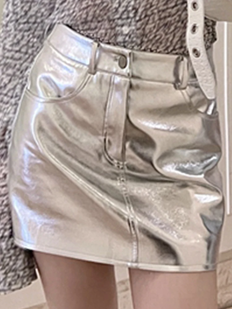 Lautaro Summer Autumn Pink Silver Reflective Shiny Patent Leather Mini Skirts for Women High Waist A Line Short Sexy Y2K Clothes images - 6
