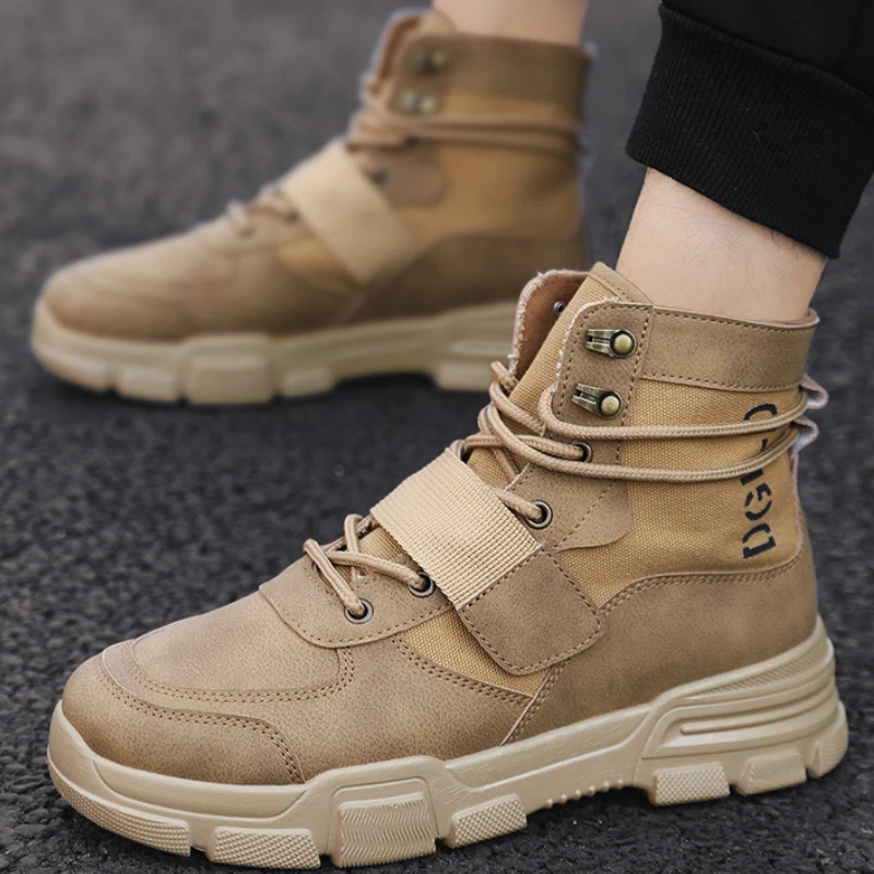 

Men's Ankle Boots Autumn Retro Round Head Lace Up High Top Plus Size Work Desert Boots Walking Shoes Botas Taticas Militares