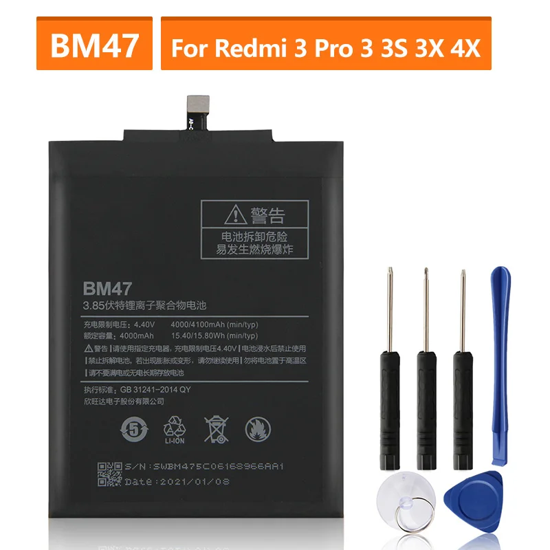 

Replacement Battery BM47 For Xiaomi Redmi 3 3S 3X Redmi3 Pro Hongmi 4X Note 4X Redrice 3x Rechargeable Battery 4000mAh
