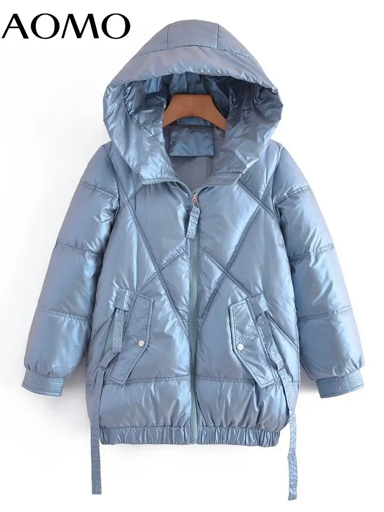 

AOMO 2022 Winter Women Blue Oversize Thick Hood Parkas Long Sleeve Pockets Female Warm Coat 2G51A
