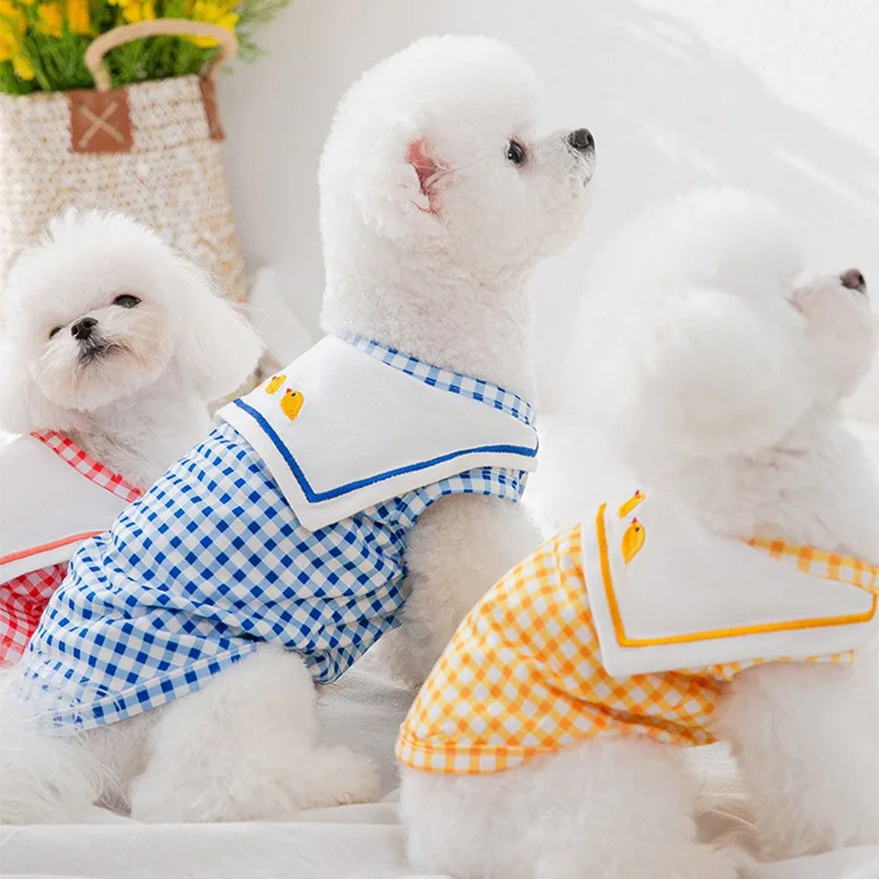 

Cartoon Dog Clothes Sailor Collar Vest Clothing for Dogs Small Super Pet Outfits Chicken Embroidery Plaid Vests Ropa Para Perro