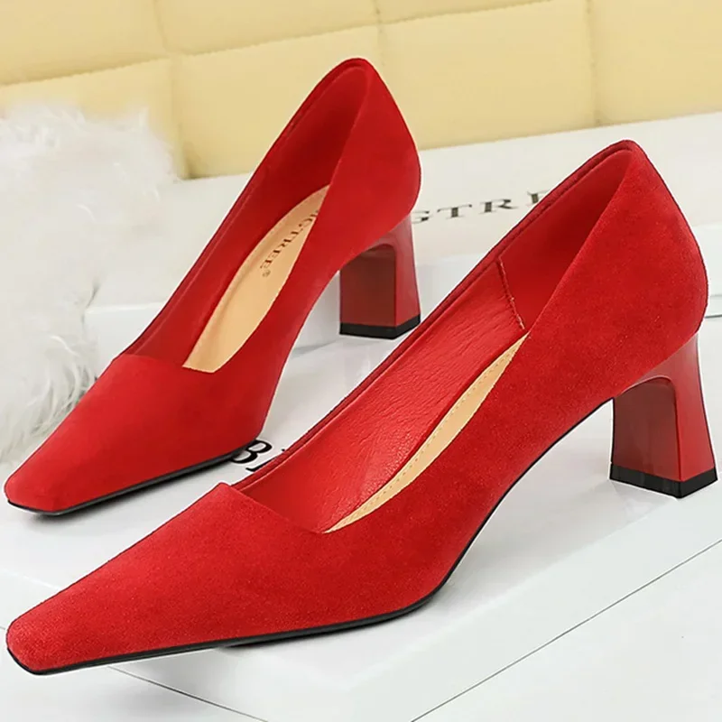 

BIGTREE Summer Women 6CM High Heels Pumps Escarpins Elegant Sweet Lady Wedding Block Square Middle Heels Flock Suede Nightclub