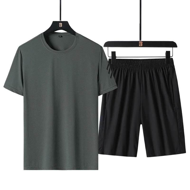 Summer New Men's Casual Ice Silk Set Loose T-shirt Short Sleeve+Shorts Two Piece Set for Middle and Youth Fitness and Sports