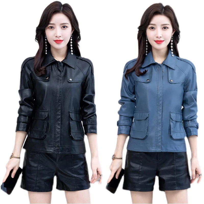 KoHuiJoo Faux Leather Jackets Women Plus Size Korean Elegant  Fashion Long Sleeve Slim Short Leather Jacket Formal PU Coat M-6XL