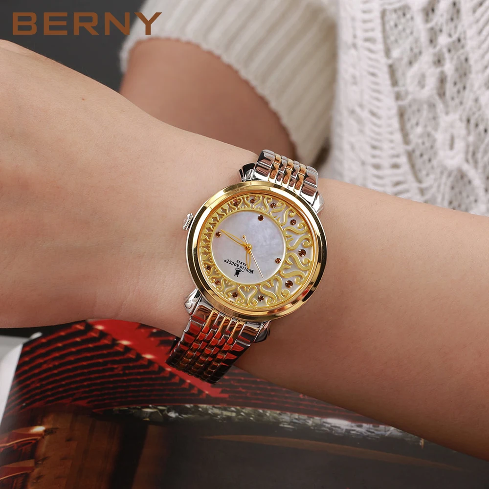 BERNY Women Quartz Watch Butterfly Buckle Stainless Steel Strap Pagani Design Reloj Muje 18K Ladies Vintage Fashion Watch