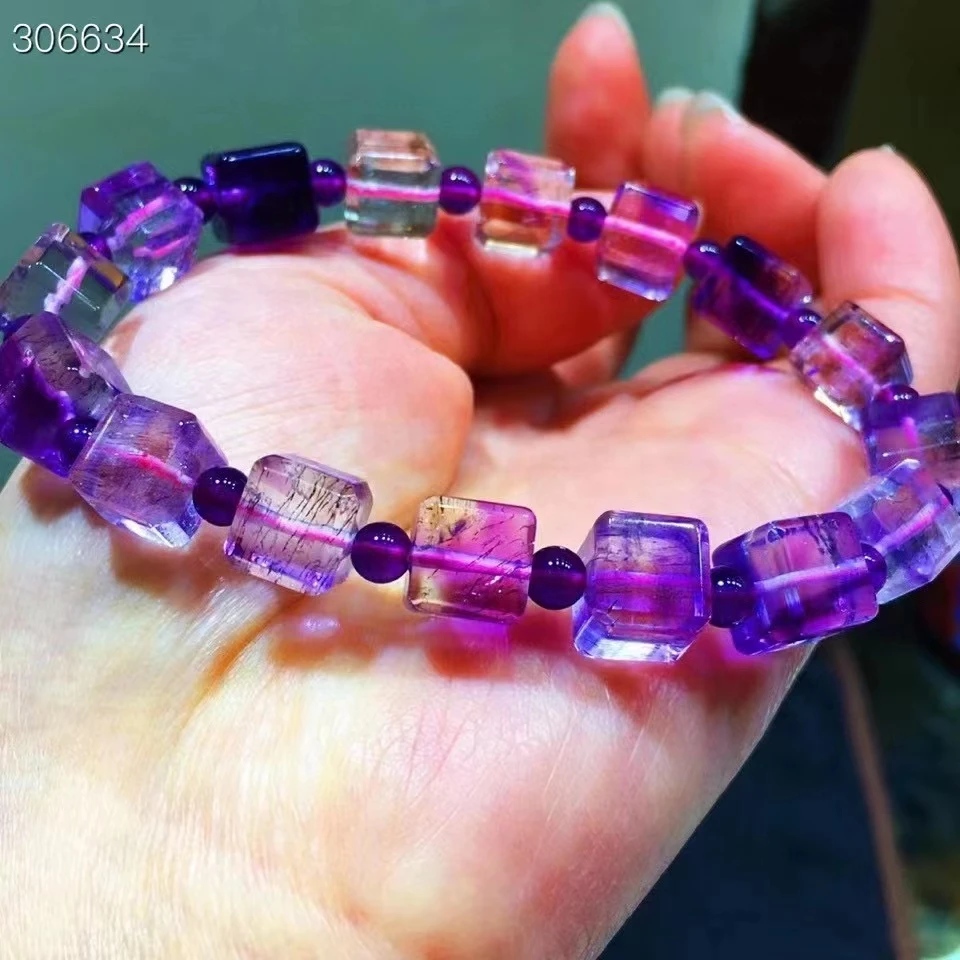 

Natural Purple Super Seven 7 Rutilated Quartz Crystal Bracelet Super 7 Clear Cube Beads 8mm Women Men AAAAAAA