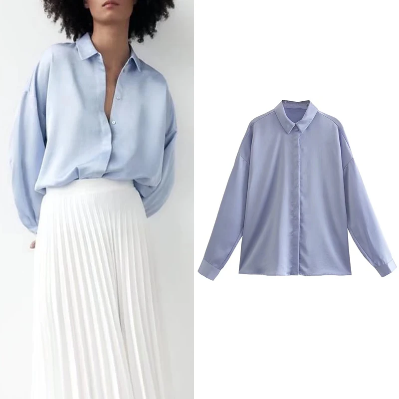

Женская Однотонная рубашка с длинным рукавом, Повседневная Свободная однобортная рубашка с отложным воротником, шелковая атласная текстур...
