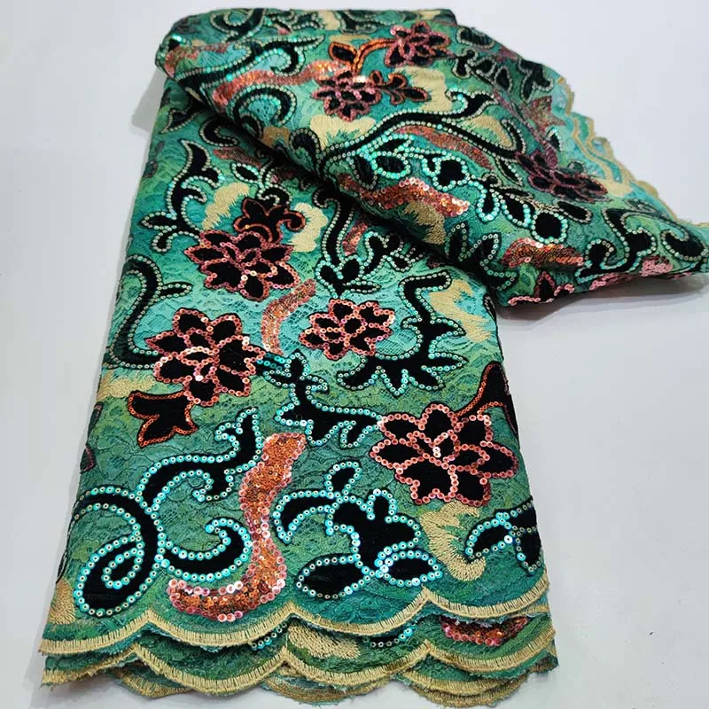 

New African Velvet Embroidered Fabric Embroidered Mesh Bottom Fabric Fashion Wedding Dress Fashion Sequin Fabric