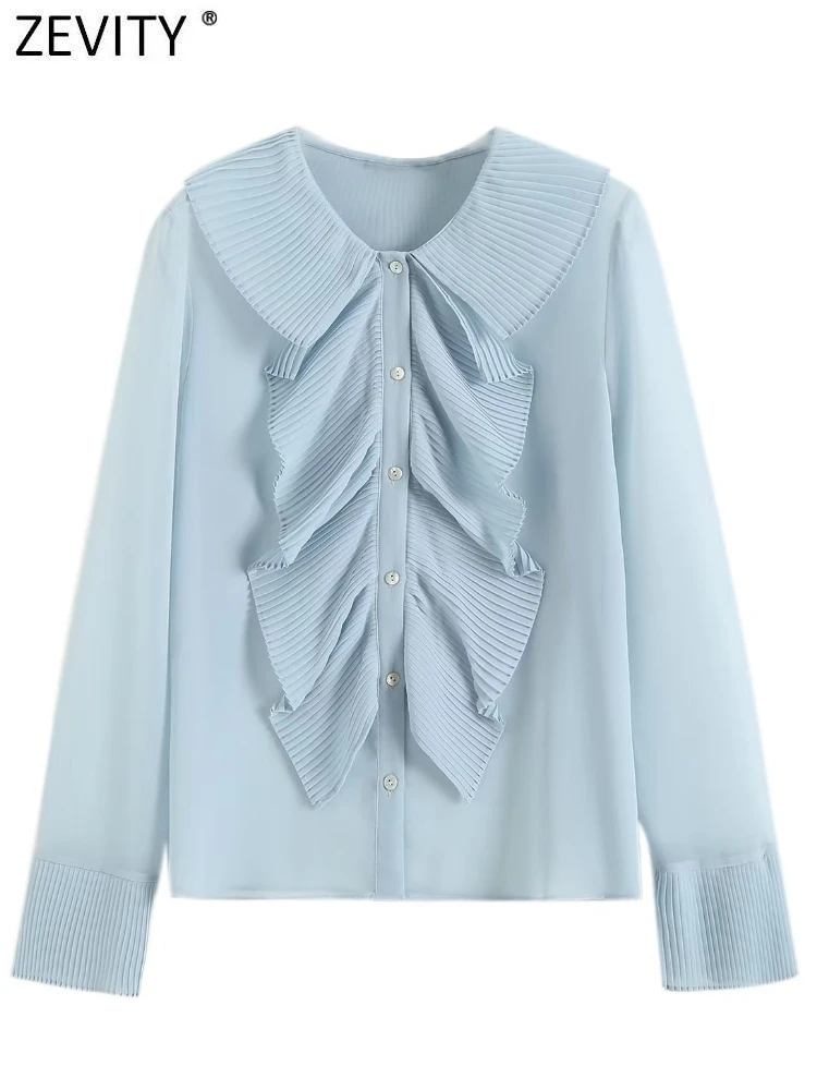 

Zevity Women Fashion Front Ppleated Ruffles Solid Chiffon Smock Blouse Female Long Sleeve Shirts Chic Chemise Blusas Tops LS3392