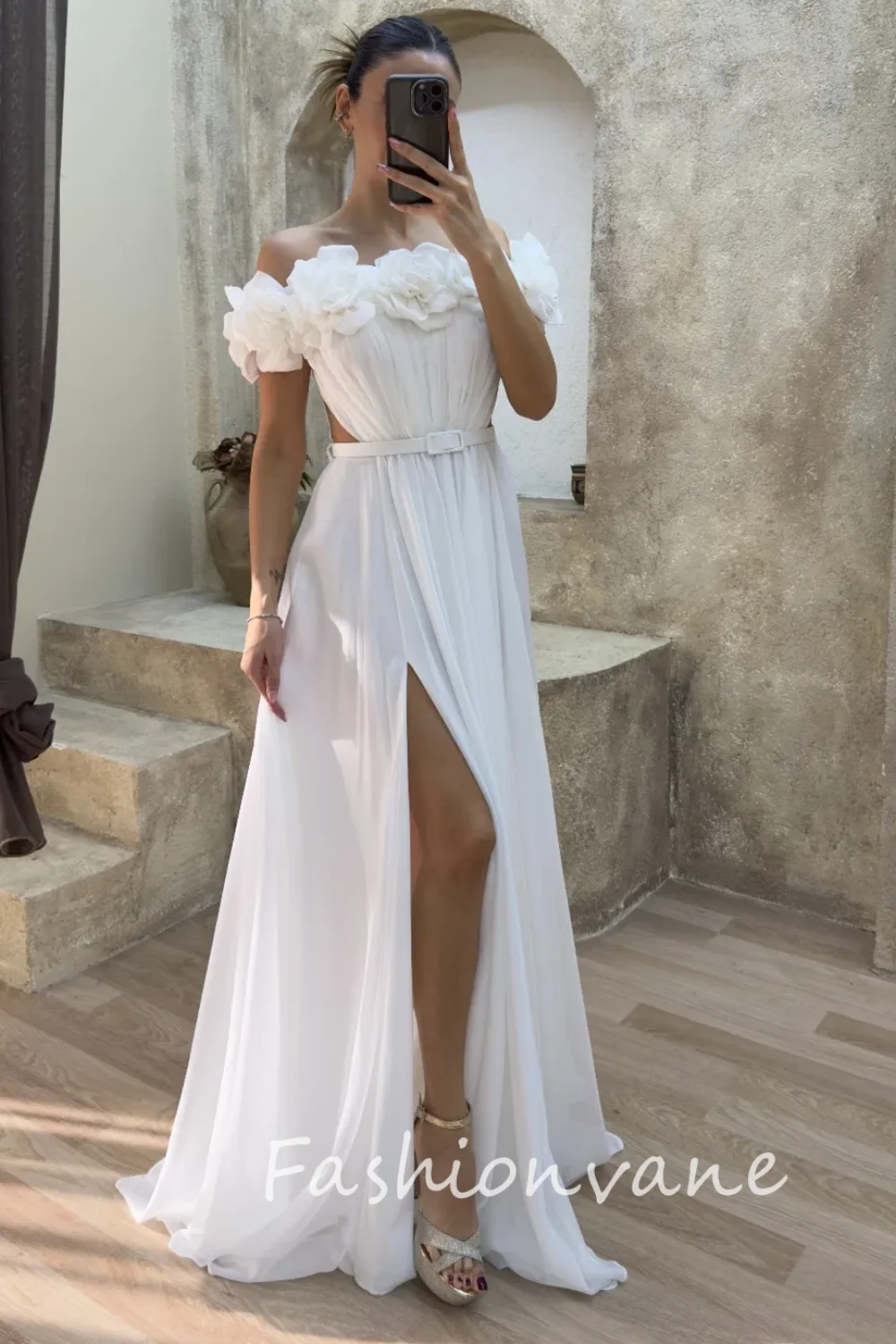 Фото Fashionvane 2024 Customized A-Line Off Shoulder Sleeveless Chiffon Pleated Side Slit Floor Length Formal Prom Dress Evening Gown №2