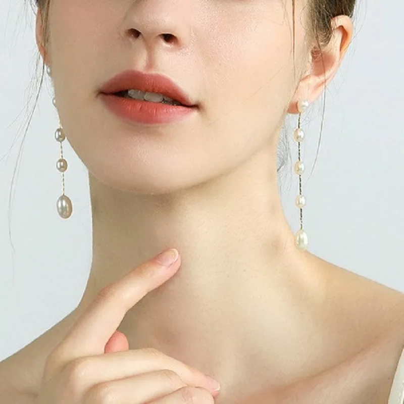 Женские длинные серьги-подвески ALLNEWME с натуральным пресноводным жемчугом и