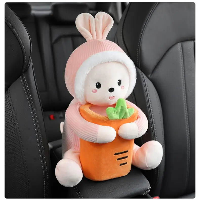 

2 in 1 Cute Cartoon Car Tissue Box Creative Lovely Rabbit Short Plush Tissue Box Holder for Car Armrest Box Car Seat Tissue Box