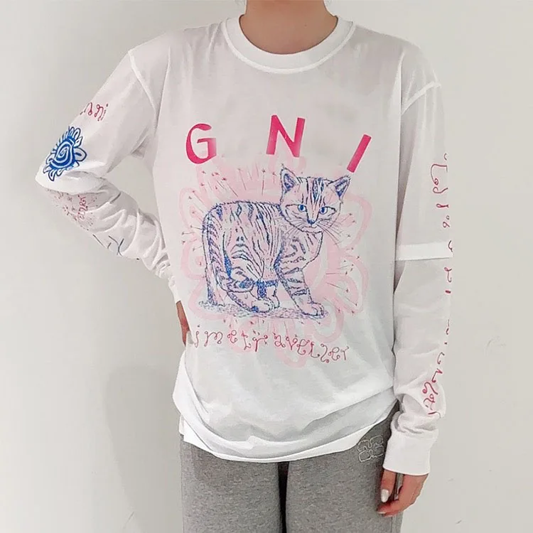 

23SS High Quality Ganni Niche Cat Print Round Neck Fake Two Piece Long Sleeved Tee T-shirt