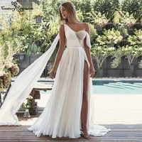 one shoulder boho wedding dresses 2022 high slit beaded lace chiffon beach bridal gowns sexy bride dress vestidos novias boda