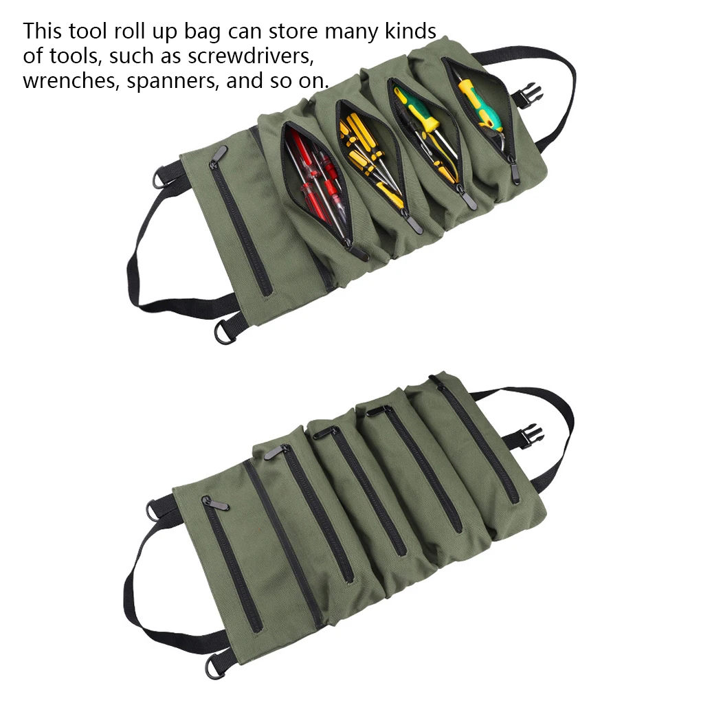 

Portable Multiple Pockets Roll up Canvas Bag Wrench Spanner Screwdriver Pliers Scissors Carrying Pouch Organizer Green