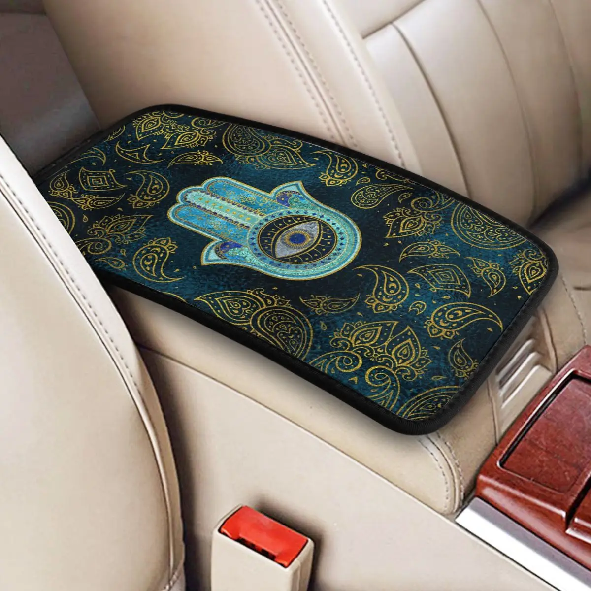 

Center Console Cover Pad Decorative Hamsa Hand With Paisley Car Armrest Cover Mat Amulet Hand of Fatima Auto Accessories