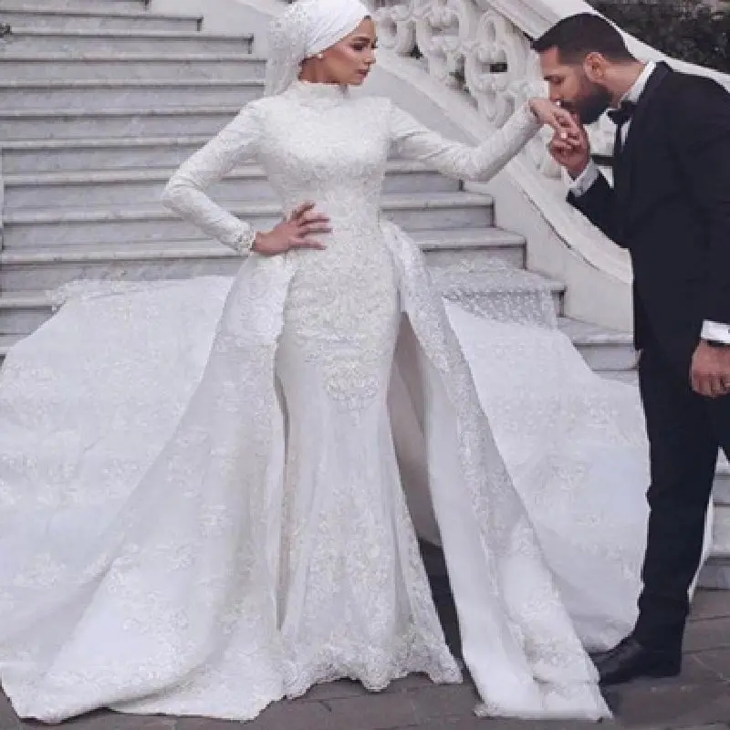 

Mermaid Wedding Dresses Sheer Long Sleeves Illusion Full Lace Applique elegant Overskirts Button Back Chapel Train Bridal Gown