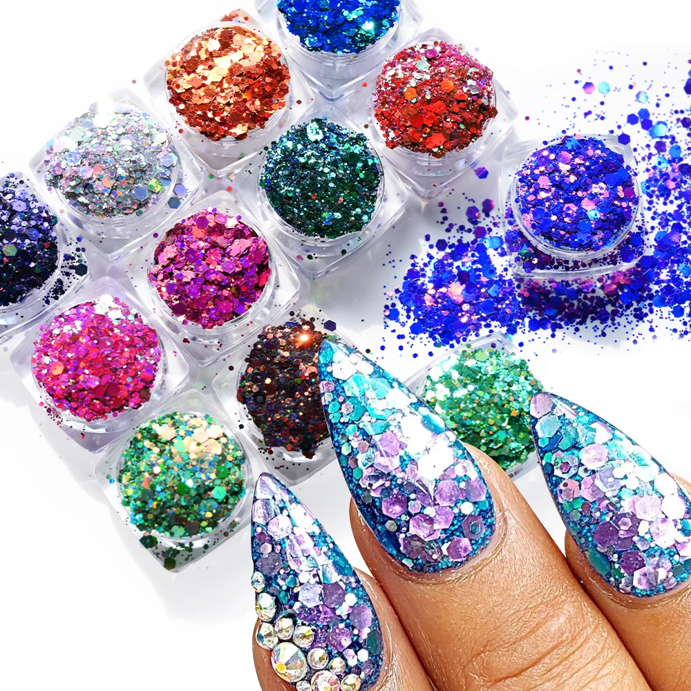 12-kolorowy zestaw cekinów do paznokci Chameleon Syrenka Lustro Sześciokątne płatki brokatowe 3D Paillette Laser Spangles Manicure Końcówki