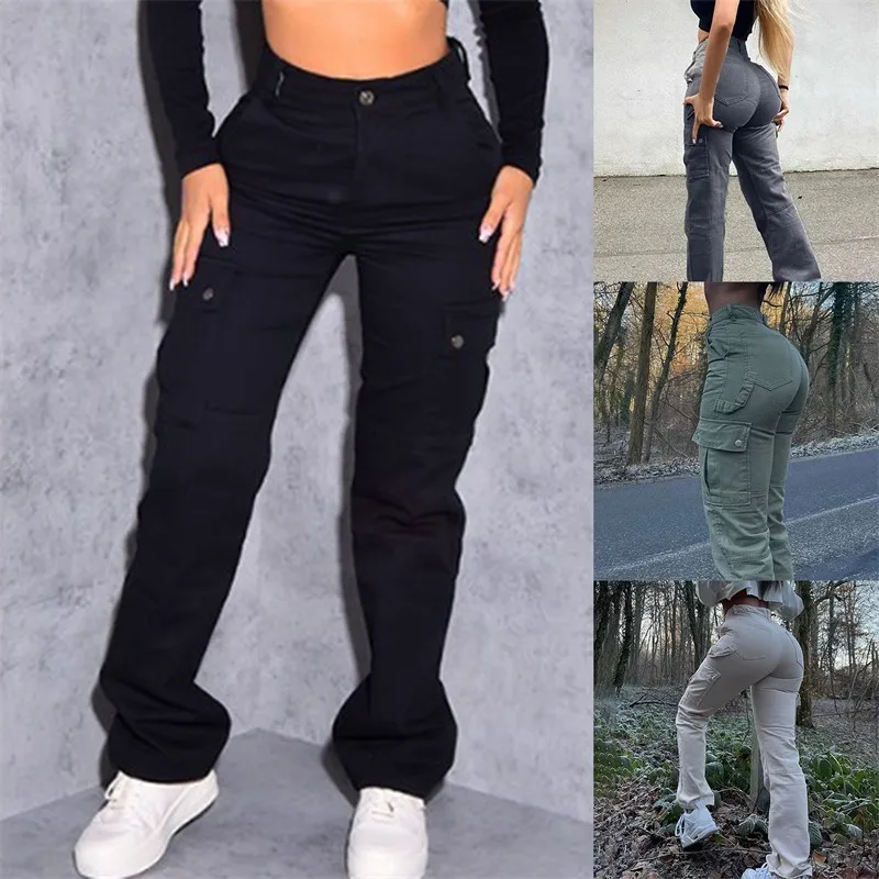 Women Cargo Pants Retro Baggy Wide Leg Sweatpants Y2K Denim Drawstring Streetwear High Waist Pockets Trousers Joggers Overalls