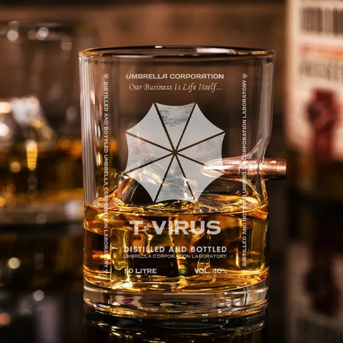 

T-Virus Umbrella Corps Bullet Whiskey Glass Engraved Resident-Evil Bullet Glass Fathers Day Gift For Dad Birthday Gift For Him