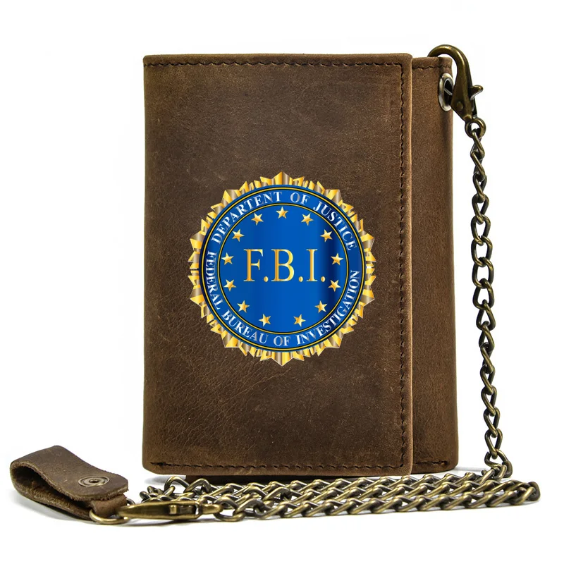 

Genuine Leather Men Wallet Anti Theft Hasp With Iron Chain USA FBI Department Of Justice Cover Card Holder Rfid Short Purse