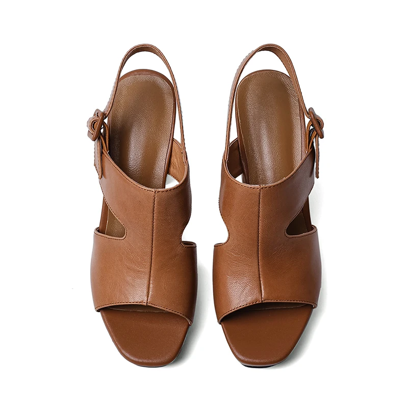 Женские босоножки из натуральной кожи коричневые Водонепроницаемые на толстой