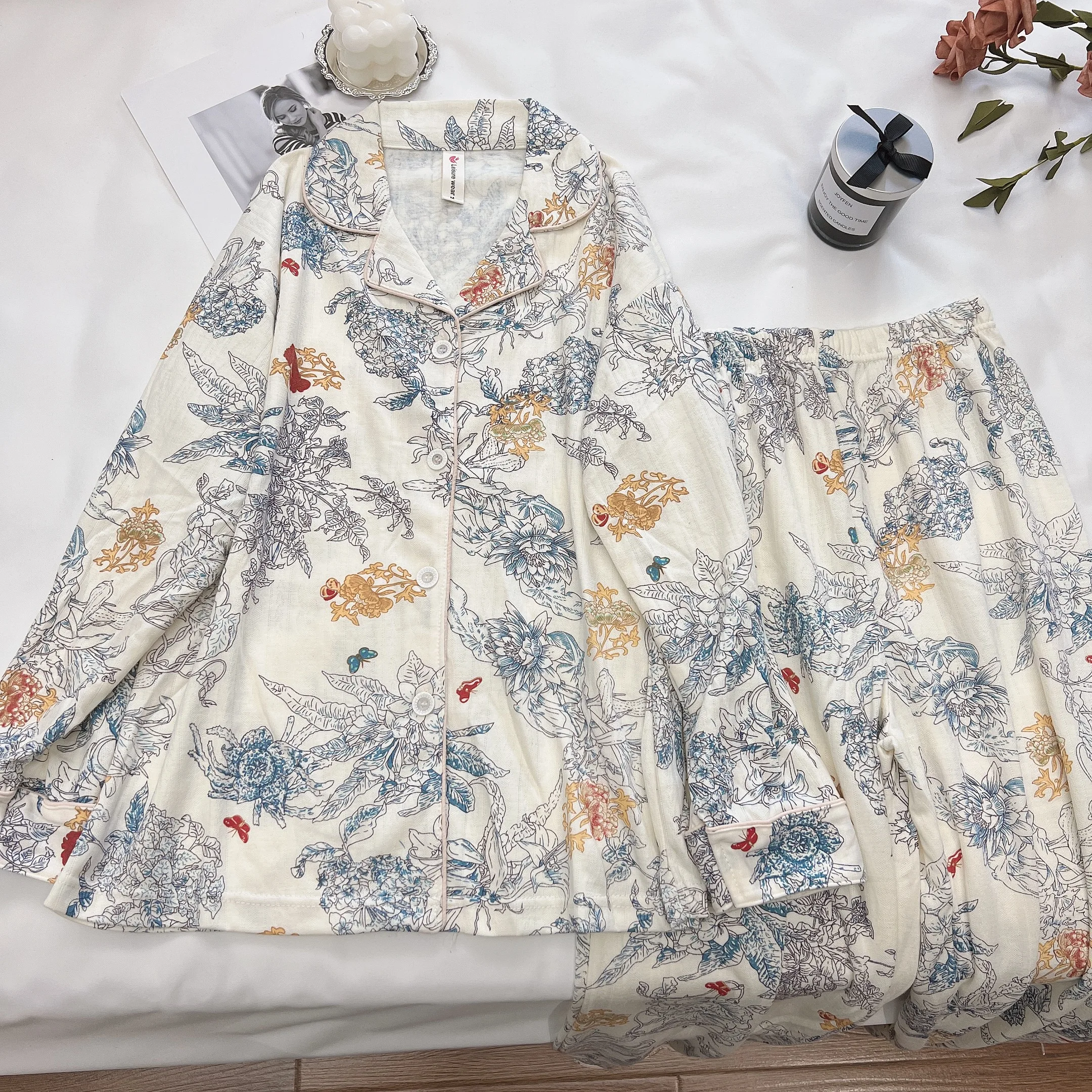 

Пижама женская из 100% хлопка, модная Пижама с цветочным принтом, пижама с длинным рукавом, Повседневная Домашняя одежда на пуговицах