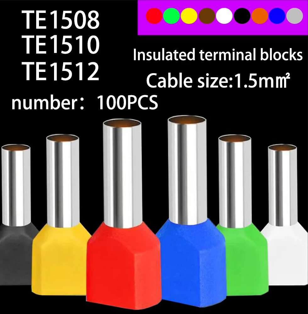100 шт. TE1508 TE1510 TE1512 Выходная Труба мм² холоднопрессованный конец двойной линии в форме трубки изолированный трубчатый терминал