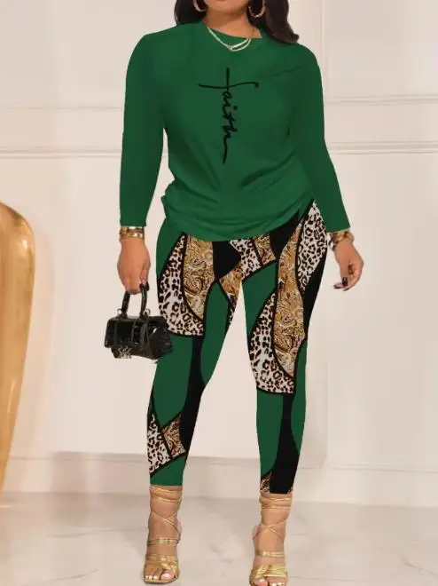 

Two Piece Set Women Outfit 2023 Spring Fashion Letter Print Round Neck Long Sleeve Top & Casual High Waist Daily Pants Set