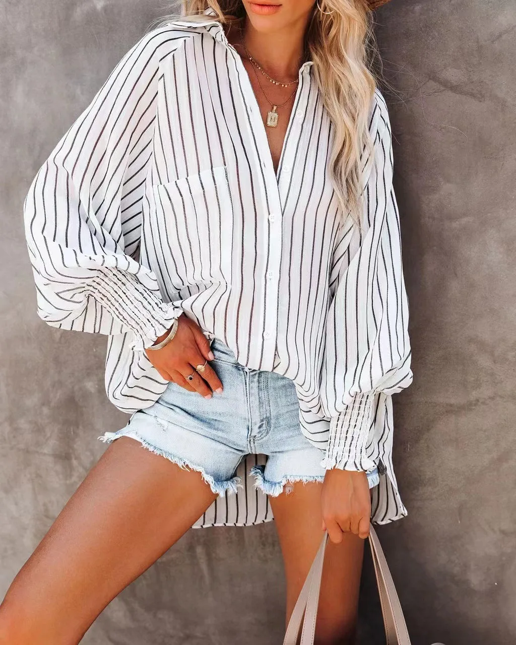 

Autumn Casual Striped Printed Blouses for Women Lapel Collar Loose Fit Tunic Tops Elegant Lady Long Lantern Sleeve Shirts Blusa