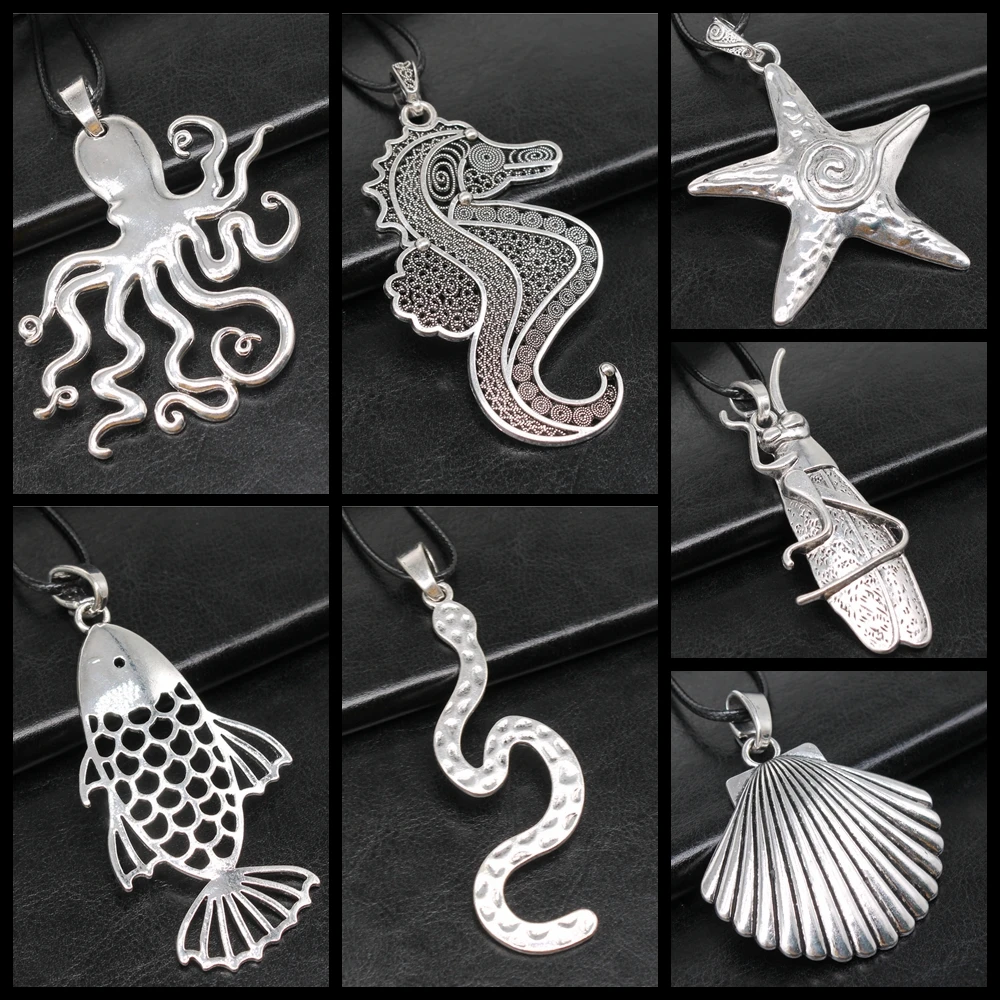

Unisex Retro Vintage Big Animal Seahorse Starfish Snake Octopus Fish Shell Pendant Faux Black Leather Rope Chain Necklace