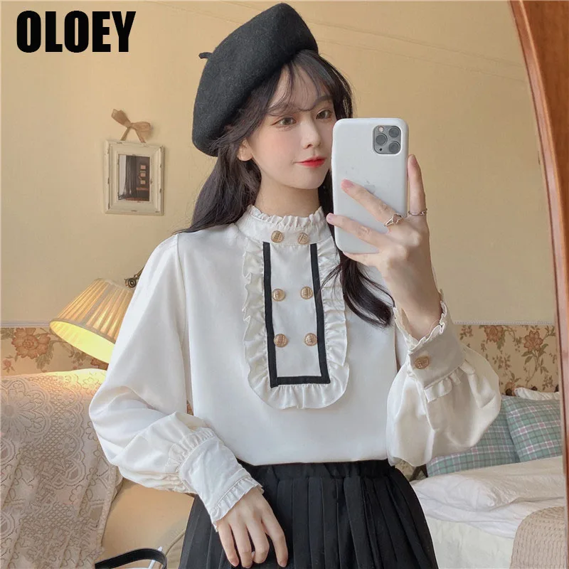 

White Patchwork Kawaii Blouse Shirt Women Japanese Style Vintage Sweet Top Female High Street Korean Fashion Designer Tops 2022