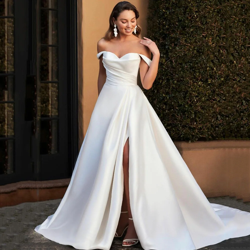 

Off Shoulder Wedding Dresses With Side Split Sweetheart A-Line White/Ivory Bridal Gowns vestidos de novia Customize To Measures