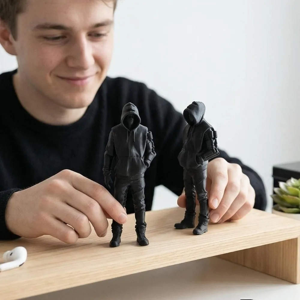 Фото Изысканная 3D-печатная фигурка в стиле стритвир: уникальная поза, панк-худи, статуэтка для домашнего декора, поделки, украшение для дома №1