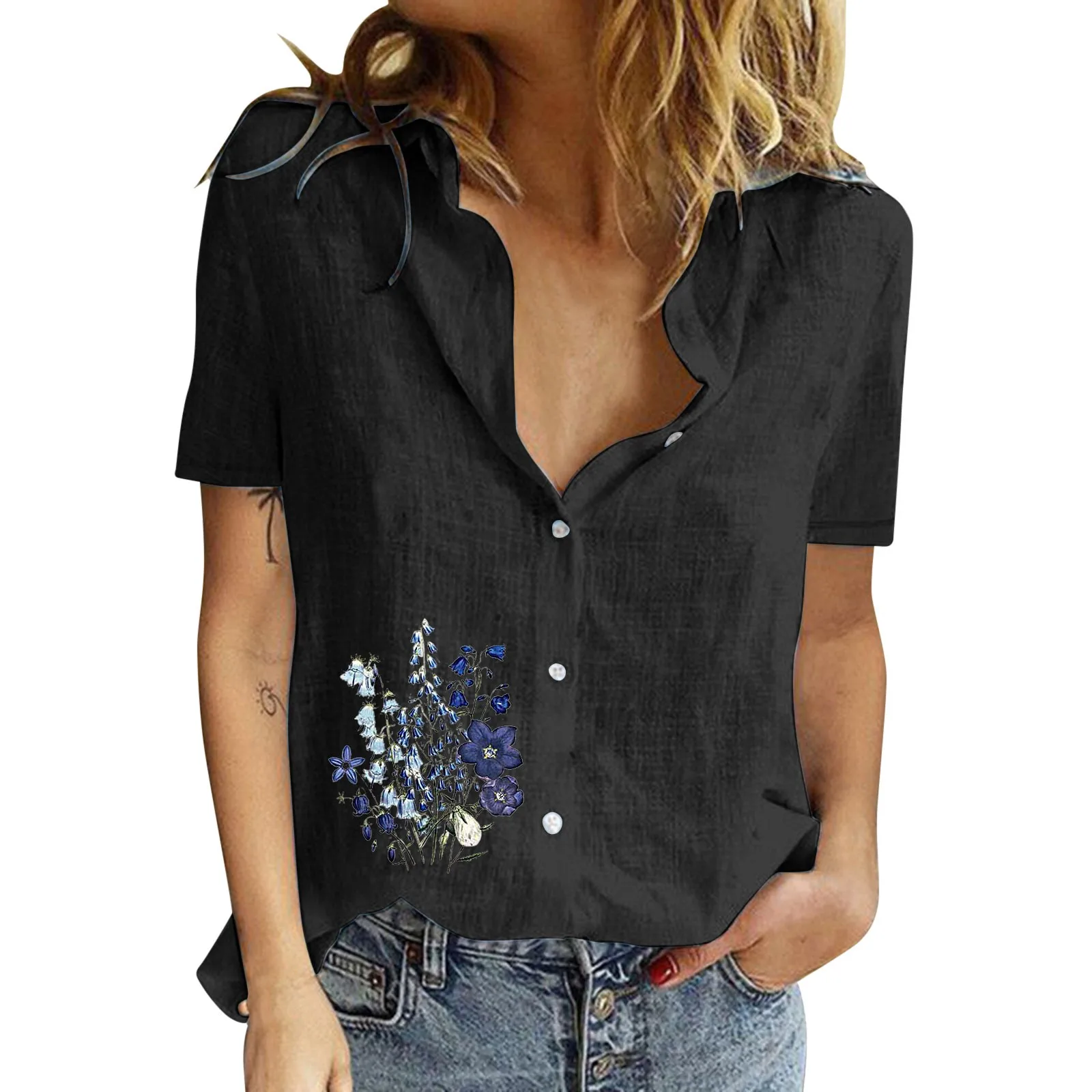 

2023 New Women's Short Sleeve Shirt Vintage Printed Button Up Lapel Shirts and Blouses Summer Casual Chic Tunic Top Blusas Mujer
