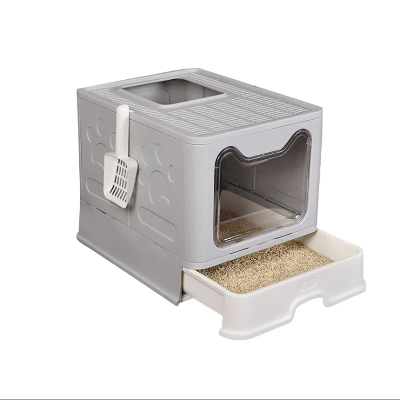 

Foldable Closed Cat Litter Box With Lid Top Entrance Splash-proof Large Cat Toilet With Cat Litter Spoon