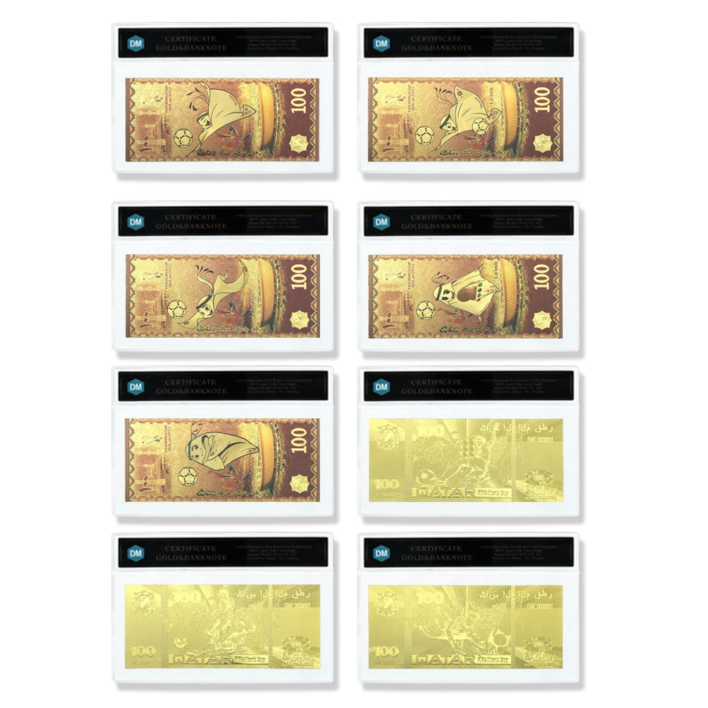 

10pcs/set 2022 Qatar Football Mascot Gold Foil Banknote 100 QAR Paper Money with COA Certificate Card Set Collection Gift