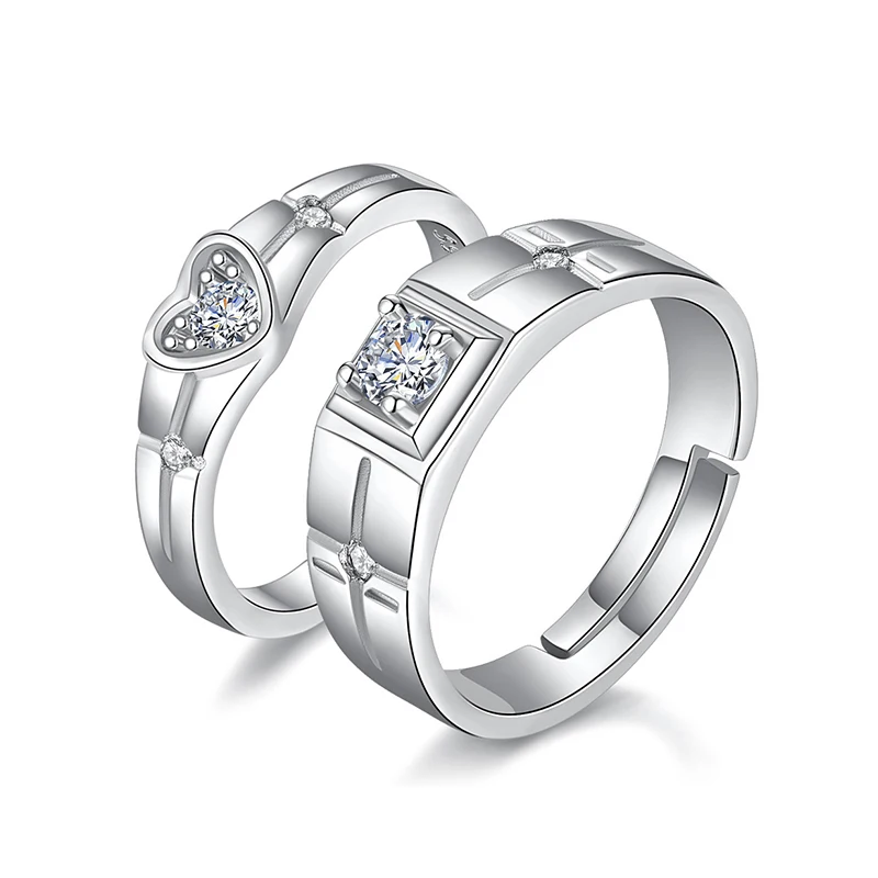 Romantic Heart Couple's Rings Simple Style Zircon Stone Opening Ring Band Lovers Finger Ring Wedding Set Valentine's Day Present