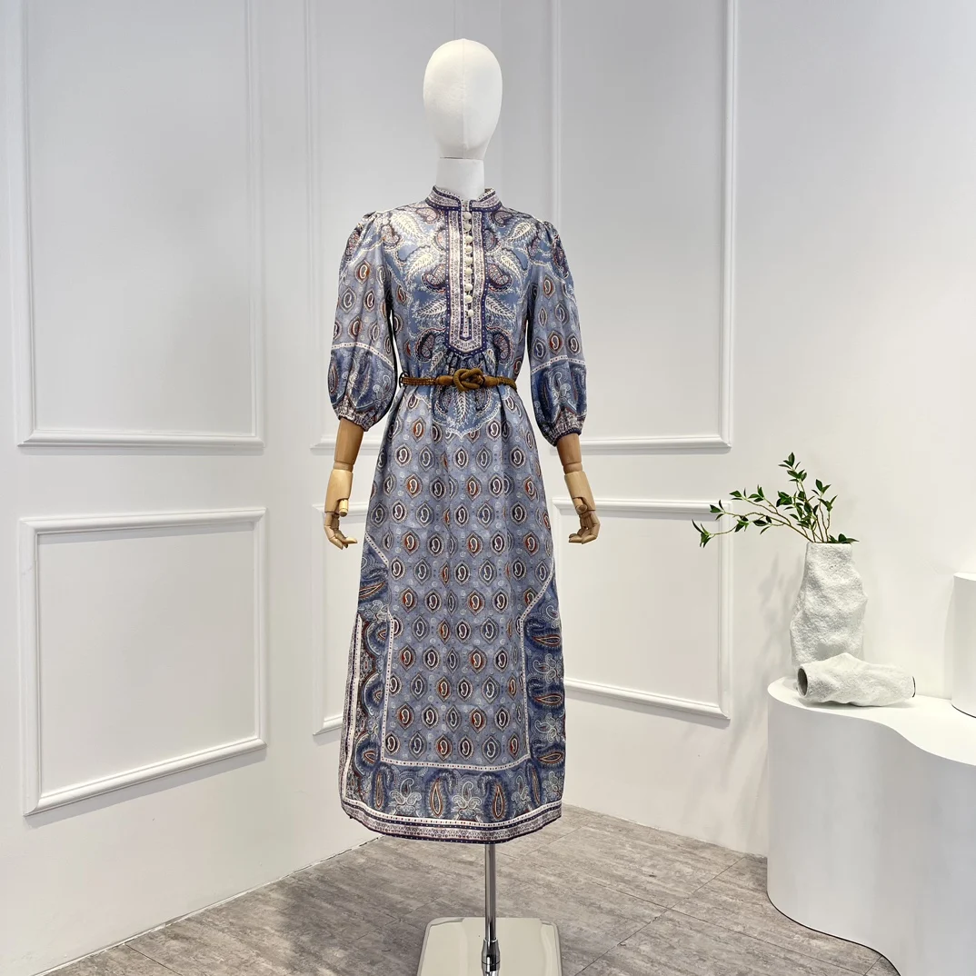 

High Quality Pure Linen Paisley Prining Mandarine Collar Vintage Midi Dresses New Spring 2023 Collection Women