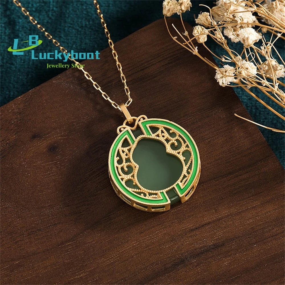 Creative Design Chinese Style Elements Ancient Gold-plated Imitation Hetian Jade Gourd Fulu Double Full Pendant Necklace
