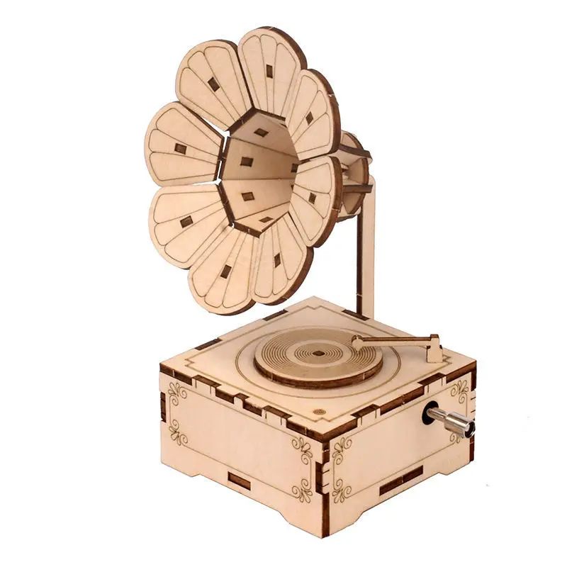 

DIY 3D Wooden Puzzle Phonograph Music Box Model Kits Toys for Children Hand Shake Assembly Toy Gifts Home Decoration