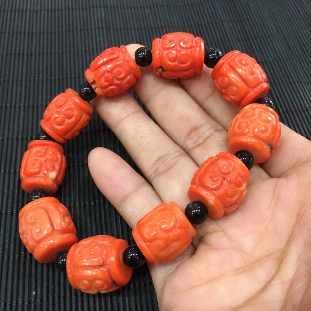 

15mm Natural Red Coral Barrel Beads Bracelet Men Women Fine Jewelry Precious Coral Beautifully Carved Patterns Bracelets Bangles