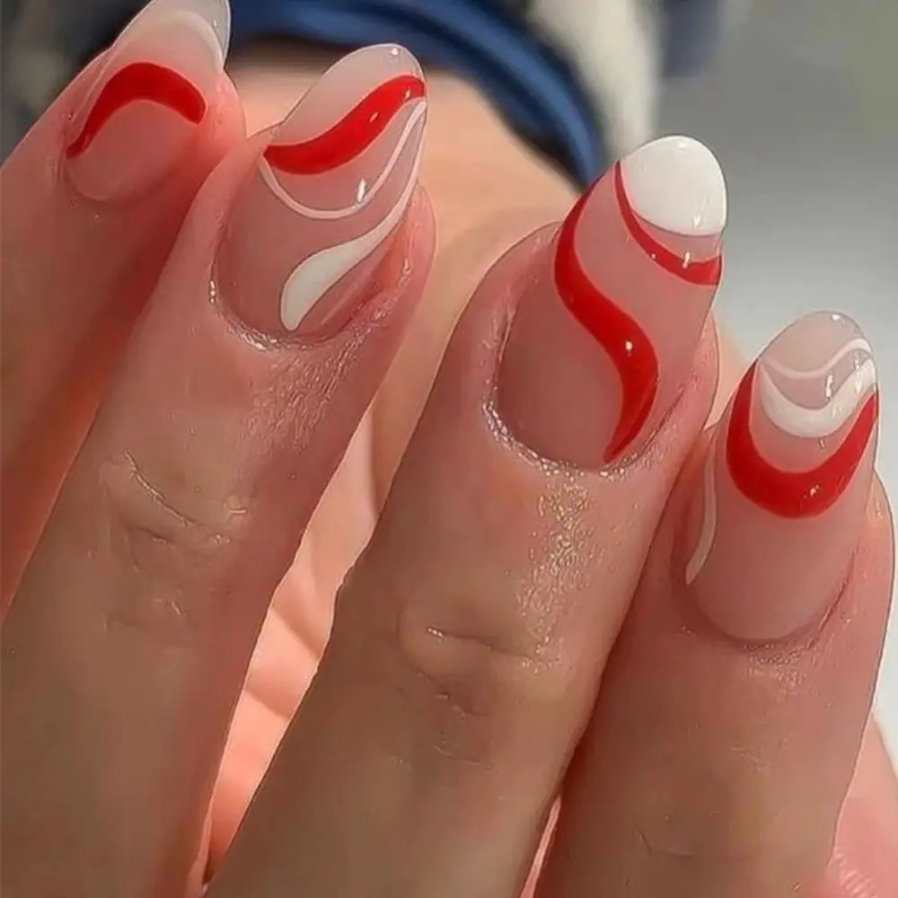 

24pcs Press on Nails False Nails Full Cover Simple Red French Short Almond Fake Nails