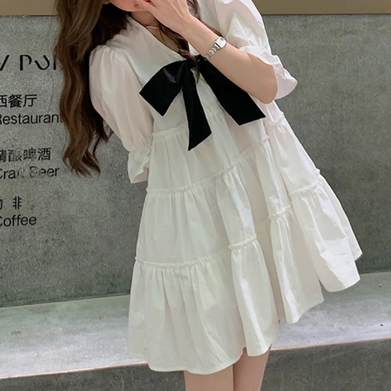 

2022 New Women'S French Retro Preppy Dress With Bow Ruffled Pleated Bow Decoration Summer Dark Chiffon Princess Skirt