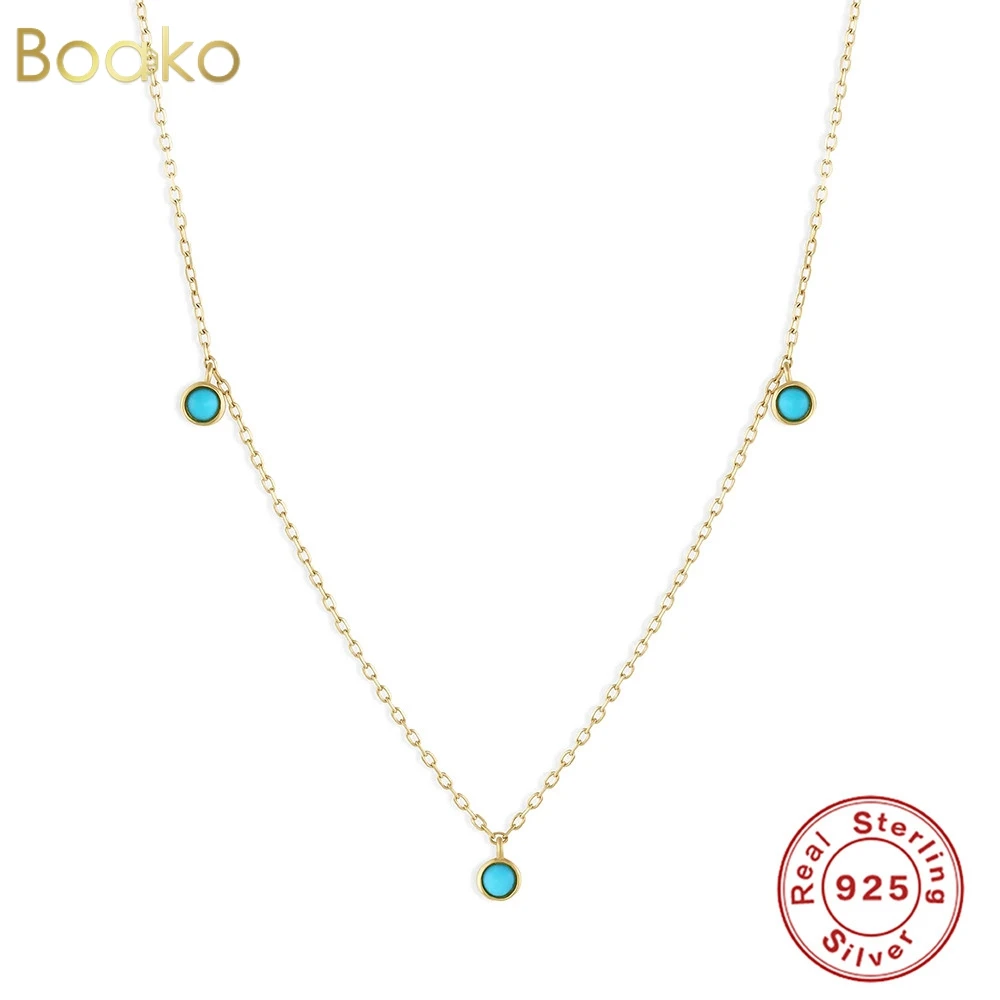 

BOAKO 925 Sterling Silver Necklace for Women Blue Turquoise Mini Geometric Round CZ Stackable Pendant Clavicle Chain Fine Jewel