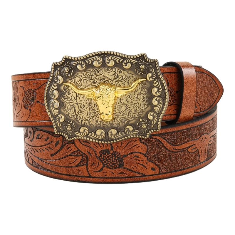 

Vintage Western Belt Longhorn Bull Belt Buckle Belt Cowboy Belts For Men Western With Big Buckle Jeans Belt Leather Belt R7RF