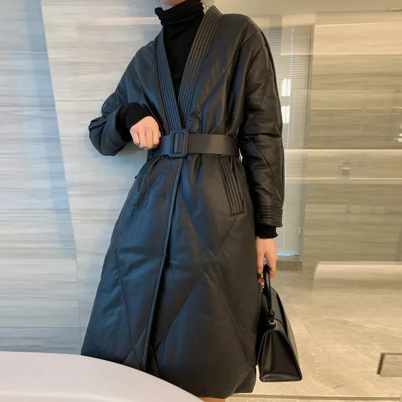 PU Padded Jacket Female Belt Slim V-neck Winter Simple Fashion Black Artificial Leather Outerwea Mid-length Casual Coat Women